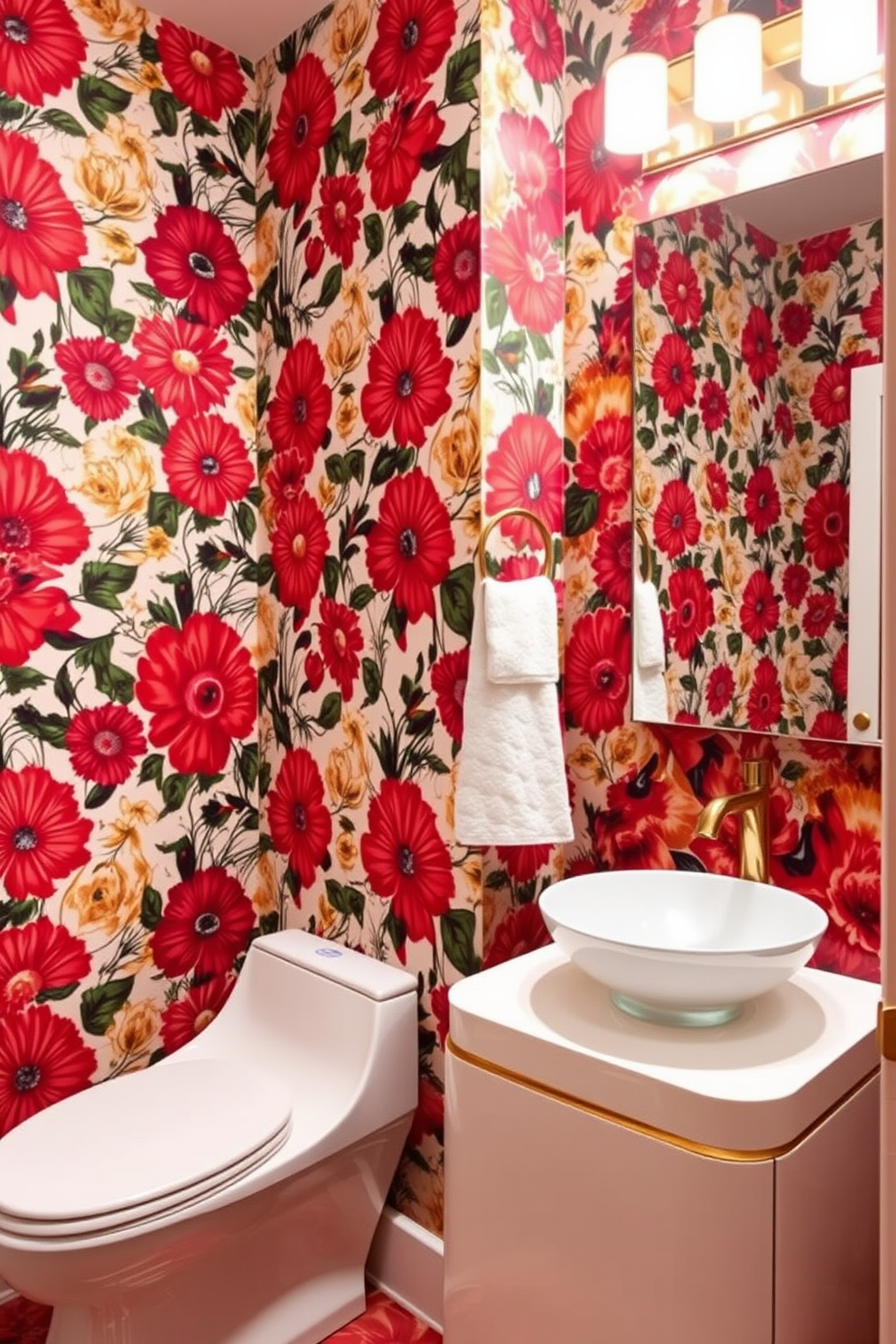 A vibrant wallpaper with a bold floral pattern covers the walls, creating a lively backdrop that energizes the space. The powder room features a sleek, modern vanity with a glossy finish, complemented by a stylish vessel sink and chic gold faucet.