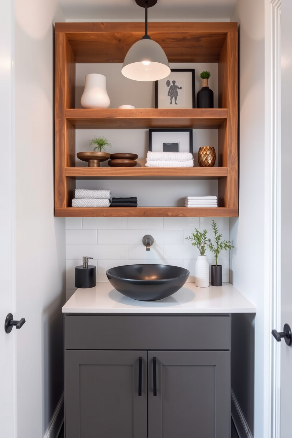 A nature-inspired powder room featuring a stunning vanity made from live edge wood that showcases the natural grain and texture of the wood. The vanity is paired with a sleek vessel sink and accented by organic elements like stone and greenery for a harmonious design.