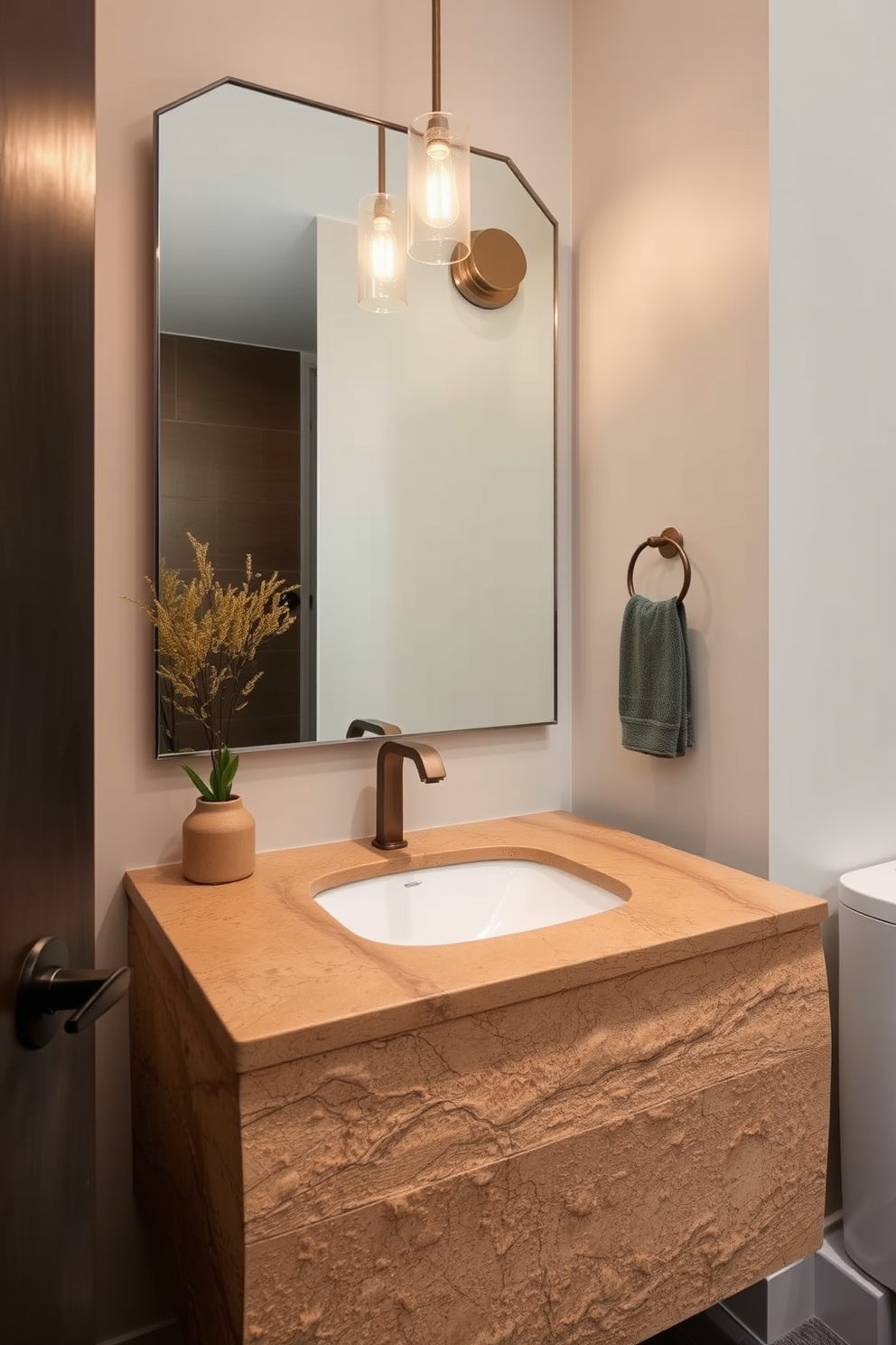 A textured stone vanity adds a natural appeal to the powder room, showcasing earthy tones and organic patterns. The design features sleek lines and a minimalist aesthetic, complemented by soft lighting and elegant fixtures.