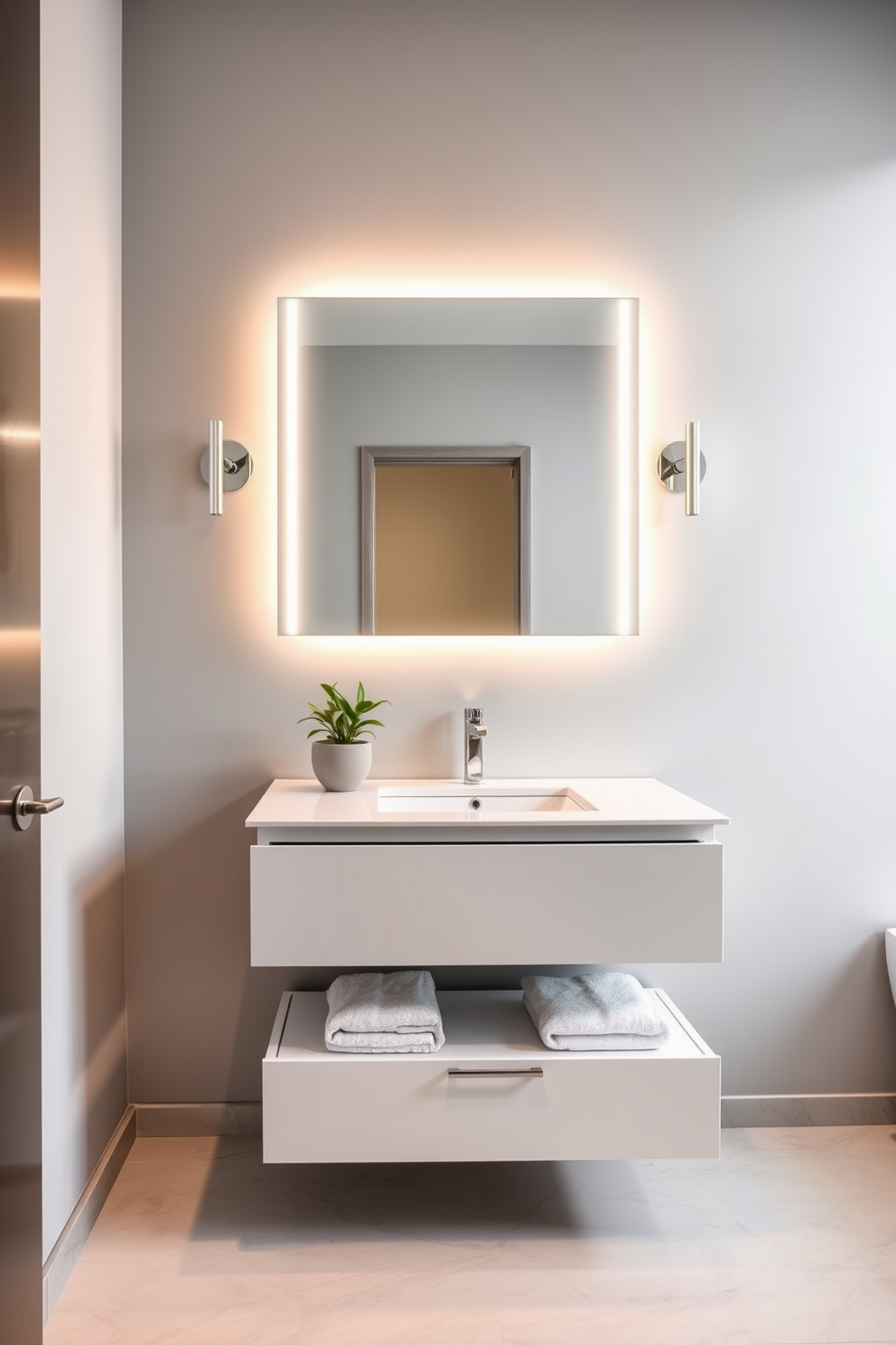 A sleek modern floating vanity is the centerpiece of this powder room, featuring a glossy white finish and minimalist design. Above the vanity, a large backlit mirror enhances the room's spacious feel, while stylish wall sconces provide warm ambient lighting. The walls are adorned with a soft gray paint, creating a calming atmosphere, and the floor is covered with large format tiles in a subtle marble pattern. A small potted plant sits on the vanity, adding a touch of greenery, while neatly folded towels are stored in a sleek drawer below.