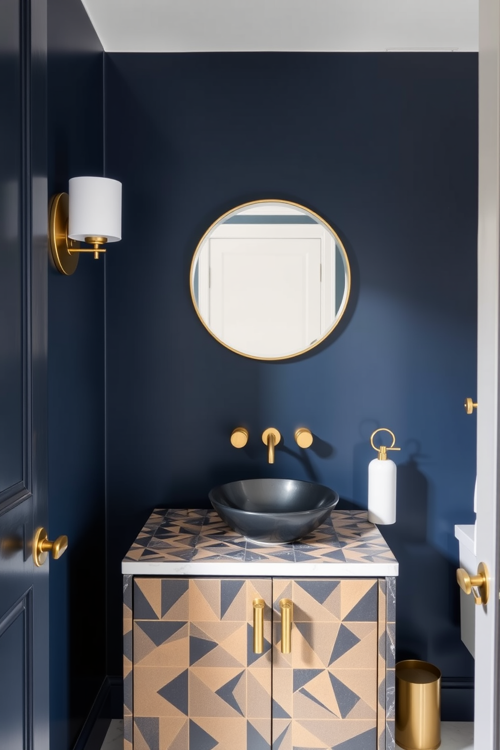 A traditional powder room featuring a beautifully crafted vanity with classic molding. The vanity is finished in a rich mahogany stain, complemented by an elegant white marble countertop and an ornate gold faucet. Above the vanity, a vintage-style round mirror with intricate detailing reflects the warm lighting of the space. The walls are adorned with soft floral wallpaper, and the floor is covered in a classic black and white checkered tile.