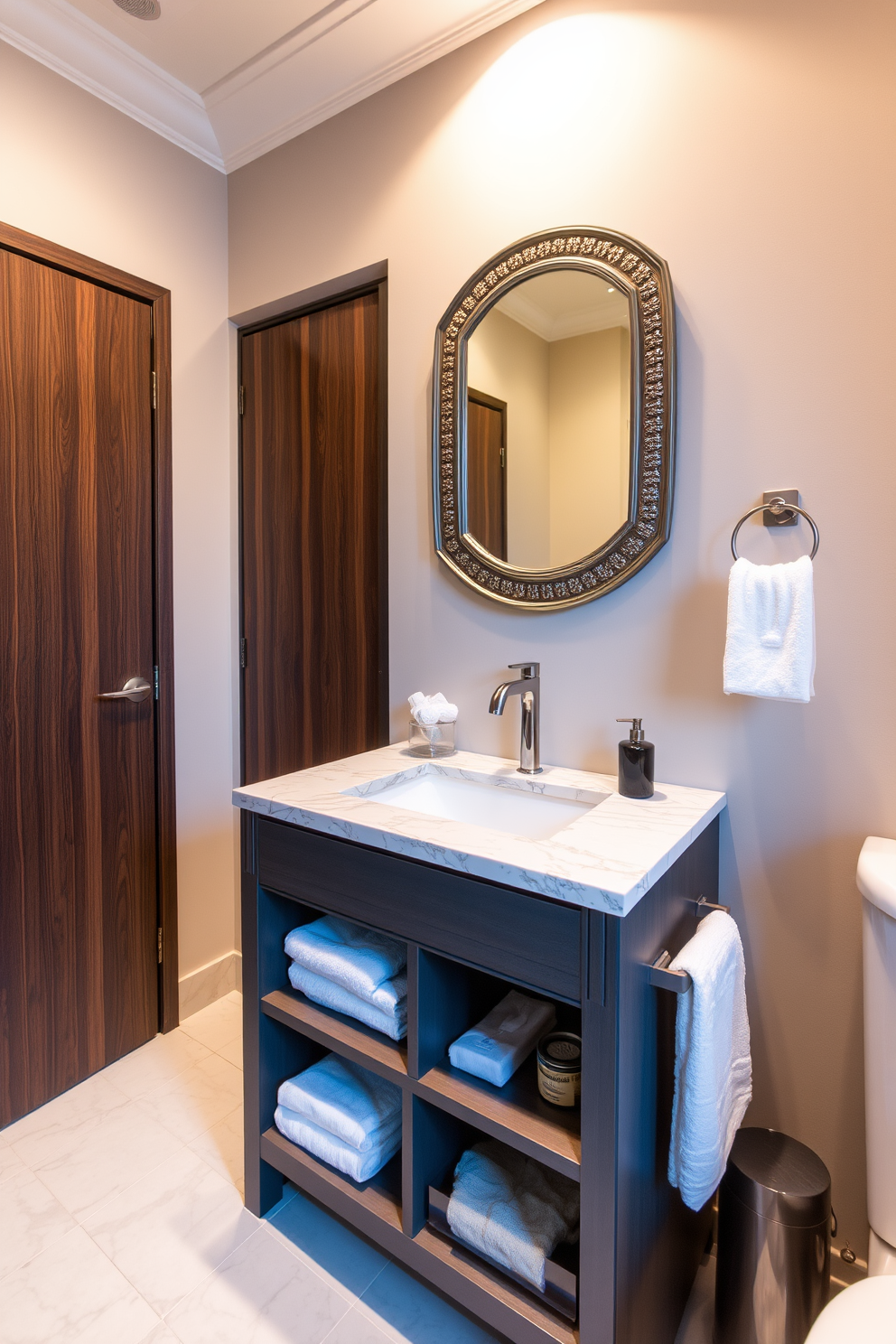 A compact vanity with integrated storage features a sleek design that maximizes space while providing essential functionality. The vanity is adorned with a polished stone countertop and includes hidden compartments for toiletries, ensuring a clutter-free environment. The powder room showcases elegant fixtures such as a stylish faucet and a decorative mirror that enhances the overall aesthetic. Soft lighting illuminates the space, creating a warm and inviting atmosphere perfect for guests.