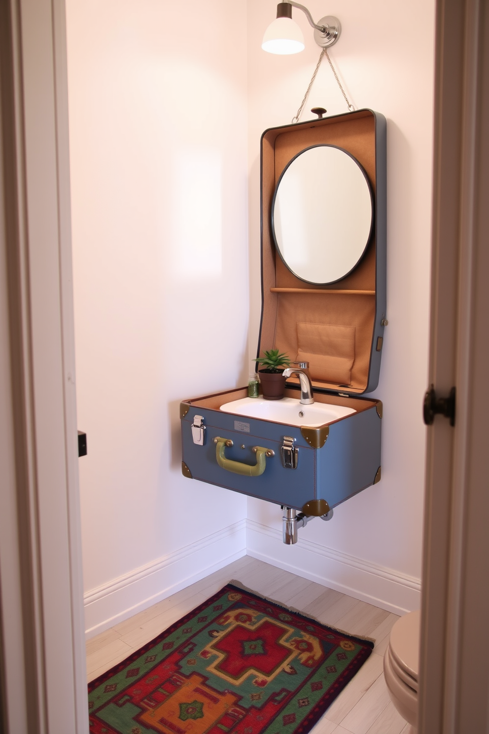 A vintage suitcase serves as a unique vanity, adding quirky charm to the powder room. The suitcase is opened and mounted on a wall, with a circular mirror above it, reflecting the playful design. The walls are painted in a soft pastel color, while the floor features light wooden planks for a warm touch. A small potted plant sits on the suitcase, and a colorful rug adds a cozy element to the space.