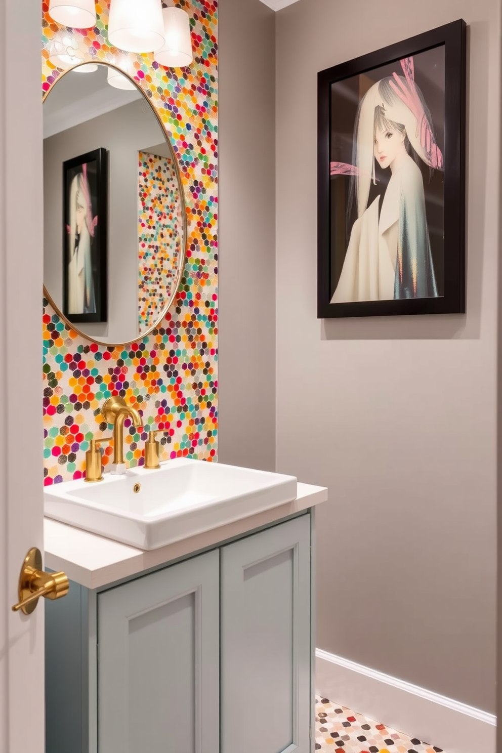 A vibrant powder room features a stunning vanity with colorful mosaic tiles as the backsplash. The vanity is complemented by a sleek white sink and modern gold fixtures, creating a lively and inviting atmosphere.