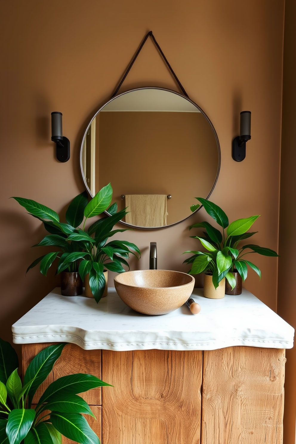 A compact vanity with integrated towel storage creates a functional yet stylish powder room. The vanity features a sleek design with a smooth countertop and a modern faucet, complemented by soft ambient lighting. The integrated towel storage keeps the space organized while maintaining a clean aesthetic. Decorative accents, such as a small potted plant and elegant hand towels, enhance the overall charm of the room.