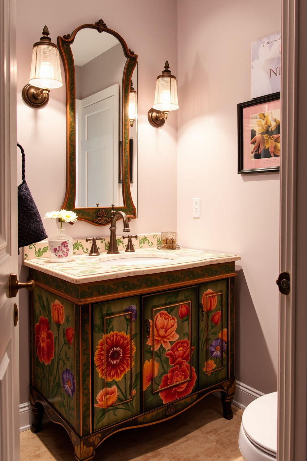 A vintage inspired vanity with a porcelain sink sits elegantly against a backdrop of soft pastel wallpaper. The vanity features intricate woodwork and a polished brass faucet, complemented by a round mirror with a decorative frame above it. The floor is adorned with classic black and white tiles, adding a timeless charm to the space. Delicate floral arrangements in a small vase sit atop the vanity, enhancing the powder room's inviting atmosphere.