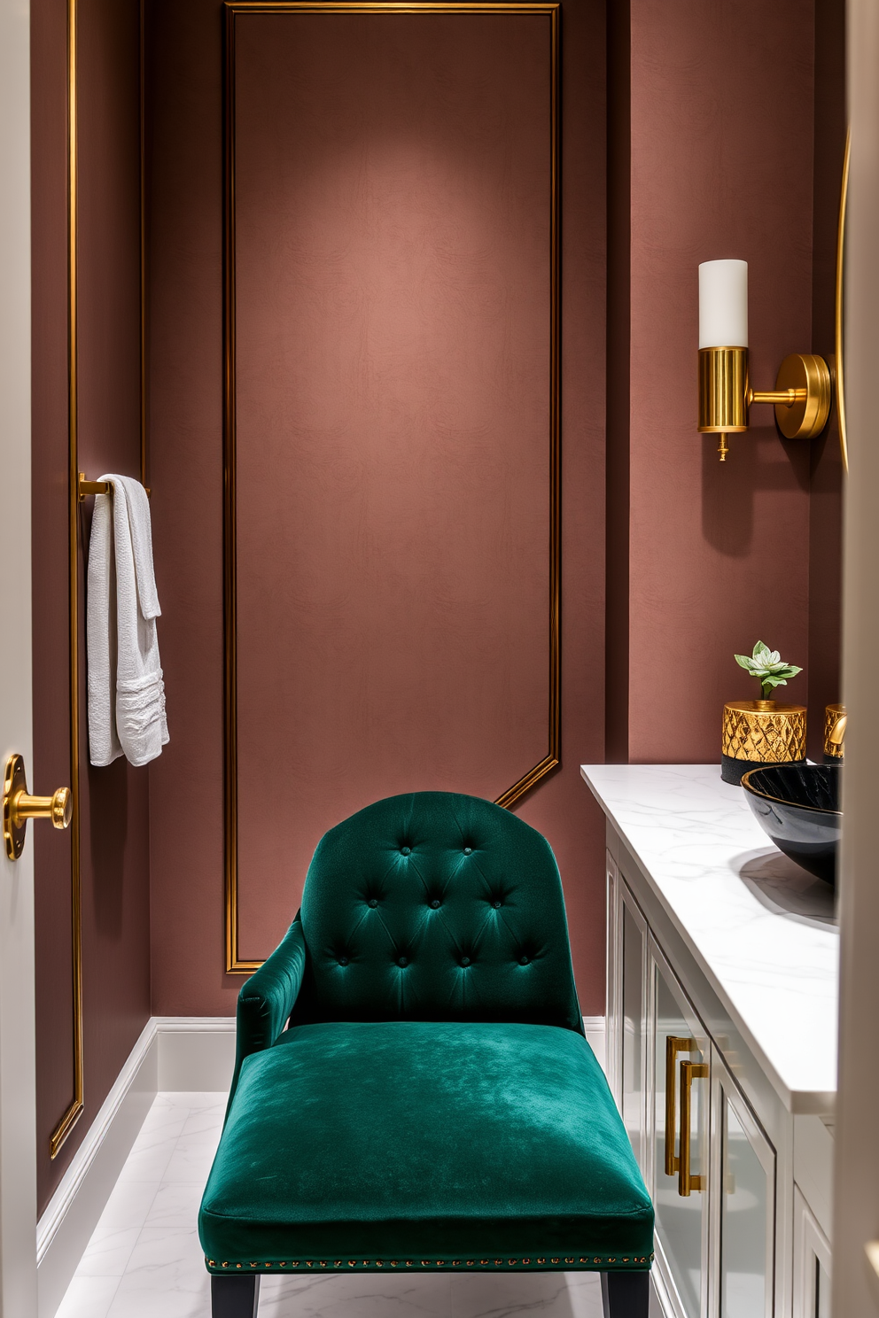 A luxurious velvet upholstered vanity chair sits elegantly in the powder room. The chair features a deep emerald green fabric that complements the gold accents of the surrounding decor. The powder room boasts a sleek marble countertop with a stylish vessel sink. Soft ambient lighting highlights the rich textures and colors, creating an inviting atmosphere.