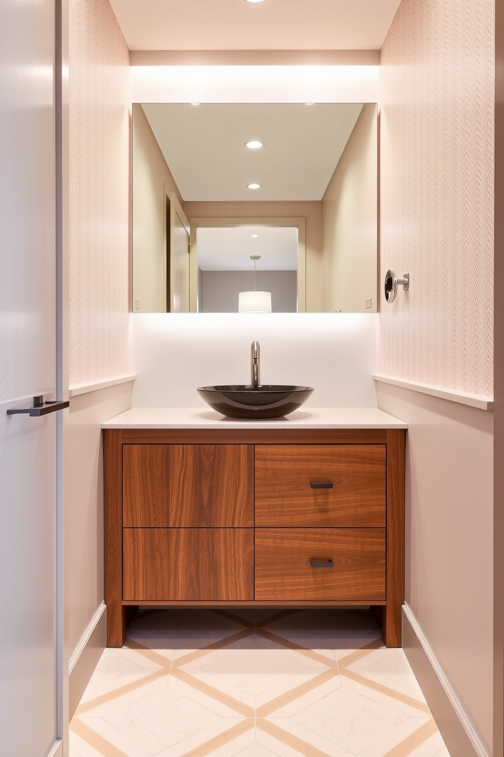 A custom built-in vanity seamlessly integrates into the powder room, featuring a sleek design that maximizes space. The vanity is crafted from high-quality wood with a glossy finish, complemented by a stylish vessel sink and elegant faucet. Above the vanity, a large, frameless mirror enhances the sense of openness, reflecting the ambient lighting. The walls are adorned with a soft, neutral wallpaper, while the floor showcases chic, geometric tiles for a modern touch.