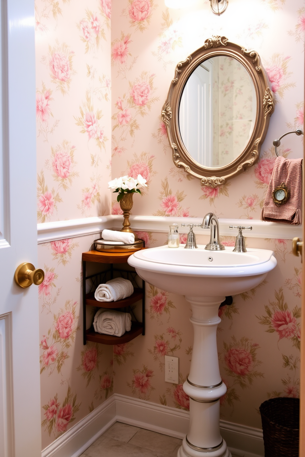 A vintage chic powder room features a charming pedestal sink with intricate detailing and a classic chrome faucet. The walls are adorned with floral wallpaper in soft pastel tones, creating a warm and inviting atmosphere. To the side of the sink, a small wooden shelf holds neatly rolled towels and decorative items. A round mirror with an ornate frame hangs above the sink, reflecting the elegant ambiance of the space.