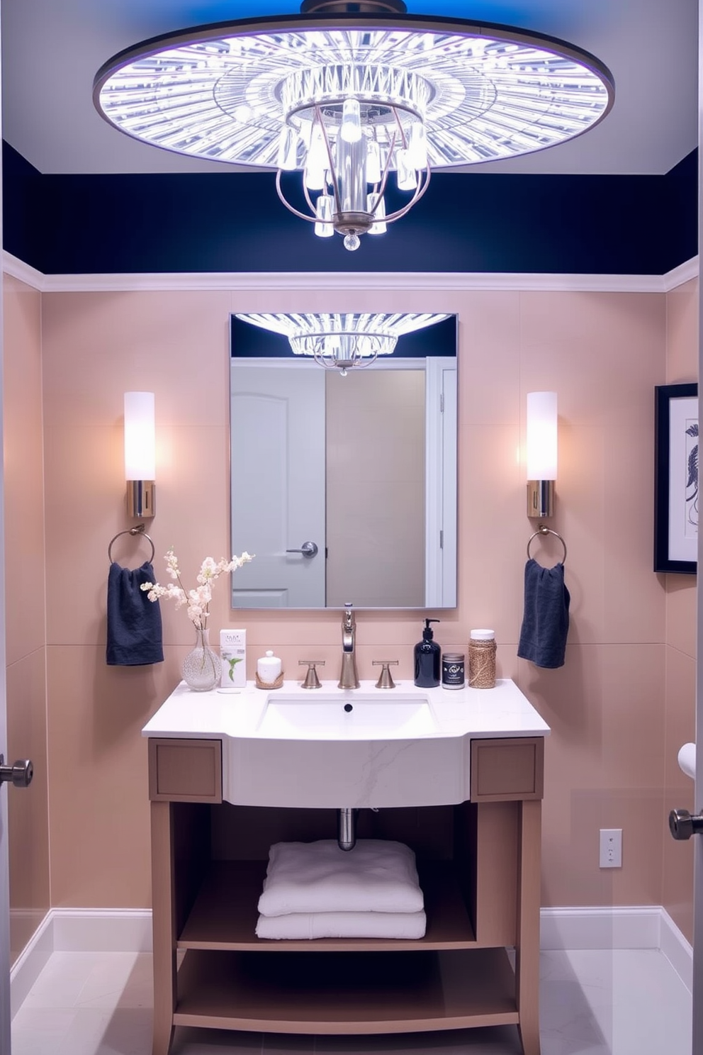 A stunning powder room features an elegant vanity with a sleek design and a striking lighting fixture as the focal point above. The vanity is complemented by stylish accessories and a tasteful color palette that enhances the overall ambiance.