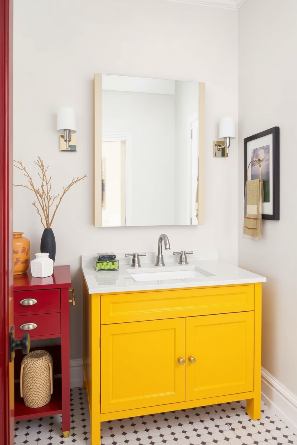 A bold colored cabinet serves as the focal point of the powder room, creating a striking contrast against the neutral walls. The vanity features a sleek countertop with stylish fixtures, complemented by decorative accents that enhance the overall design.