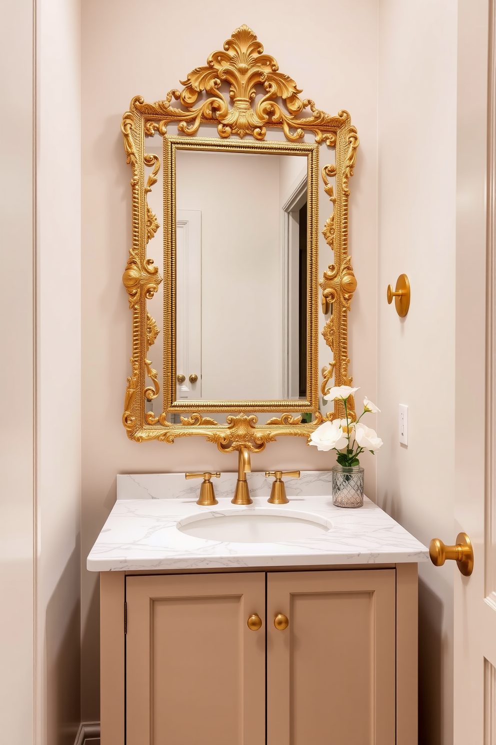 Elegant marble top with gold fixtures. The powder room features a sleek vanity with a polished marble surface, complemented by stylish gold fixtures that add a touch of luxury. The walls are adorned with soft, neutral tones that create a warm ambiance. A statement mirror with an ornate gold frame hangs above the vanity, enhancing the elegance of the space.