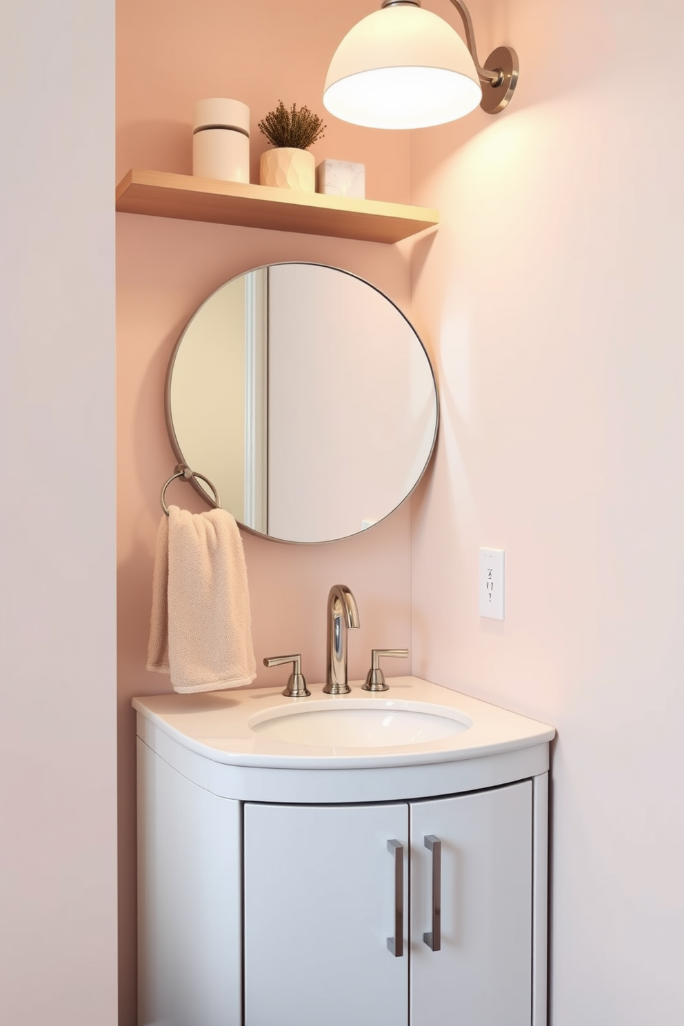 A compact corner vanity designed for small spaces features a sleek, wall-mounted unit with a light wood finish. The vanity includes a circular sink and a mirrored cabinet above for storage, maximizing functionality while maintaining a stylish appearance. The walls are painted in a soft pastel hue, creating an airy feel, while the floor is adorned with light-colored tiles. A small potted plant sits on the vanity, adding a touch of greenery to the cozy powder room.