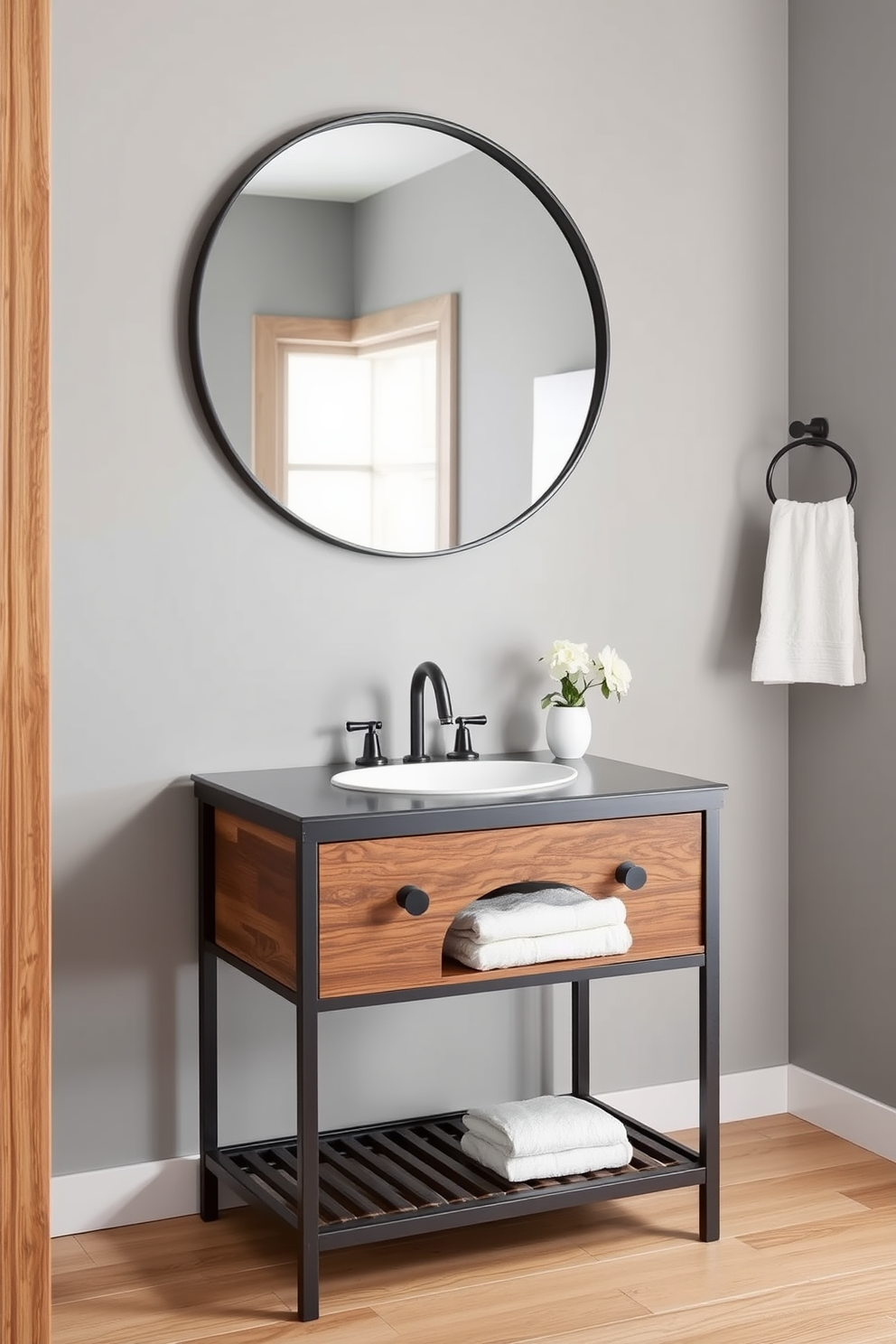 A stunning powder room featuring a bold colored vanity that commands attention. The vanity is paired with a matching mirror that enhances the vibrant aesthetic of the space. The walls are adorned with a complementary wallpaper that adds texture and depth. Elegant light fixtures flank the mirror, casting a warm glow that highlights the rich colors.