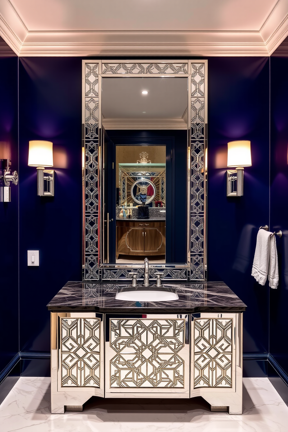 A stunning art deco inspired powder room featuring a mirrored vanity that reflects elegance and sophistication. The vanity is adorned with intricate geometric patterns and complemented by a sleek marble countertop. Flanking the vanity are stylish sconces that cast a warm glow, enhancing the luxurious atmosphere. The walls are painted in a rich jewel tone, creating a striking contrast with the shimmering surfaces of the vanity.