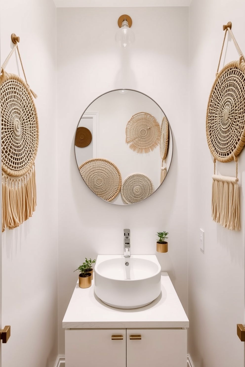 A stylish powder room featuring woven wall hangings that add texture and warmth to the space. The walls are painted in a soft neutral tone, creating a serene backdrop for the intricate designs of the hangings. A sleek vanity with a minimalist design sits beneath a large round mirror, enhancing the sense of space. Accents of greenery, such as small potted plants, are strategically placed to bring life and freshness to the room.