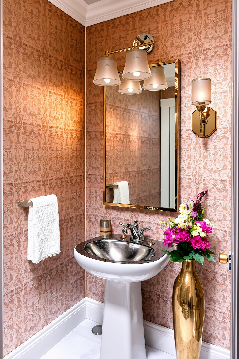 A luxurious powder room featuring metallic finishes that create an elegant atmosphere. The walls are adorned with intricate wallpaper that has a subtle sheen, and the light fixtures are polished chrome, casting a warm glow throughout the space. A sleek pedestal sink with a reflective surface sits against the wall, complemented by a stylish mirror with a metallic frame. Decorative accents, such as a gold-finished towel rack and a vibrant floral arrangement in a metallic vase, enhance the overall opulence of the design.