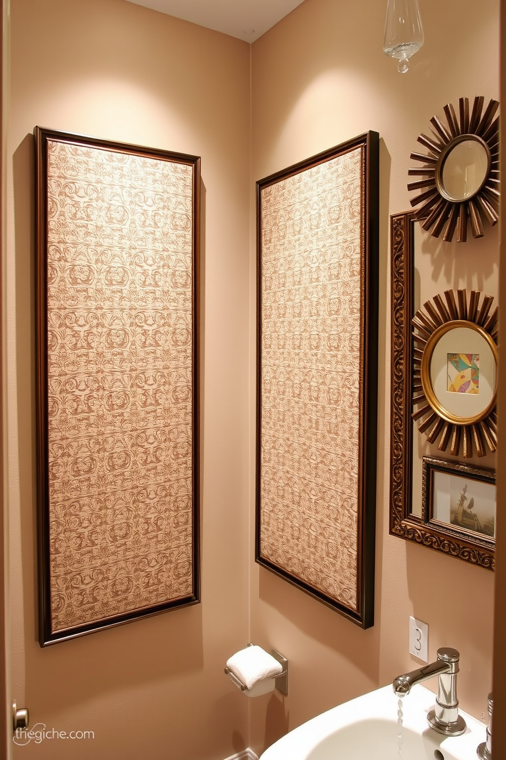 Framed fabric swatches in various colors and patterns are arranged artistically on the wall to create a textured focal point. The swatches are complemented by elegant lighting that highlights their unique designs, enhancing the overall ambiance of the powder room. The wall decor features a mix of contemporary and classic frames, showcasing the fabric swatches in a cohesive layout. Soft neutral tones for the surrounding walls provide a perfect backdrop, allowing the vibrant fabrics to stand out beautifully.