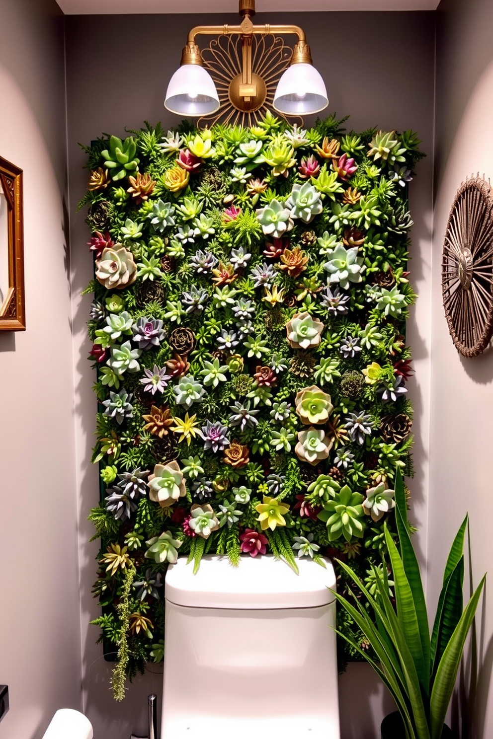 A lush succulent wall garden fills the space with vibrant greenery and freshness. The arrangement features a variety of succulents in different shapes and sizes, creating a visually striking focal point. The powder room is adorned with elegant wall decor that complements the natural elements. Soft lighting highlights the textures and colors of the succulents, enhancing the overall ambiance of the room.