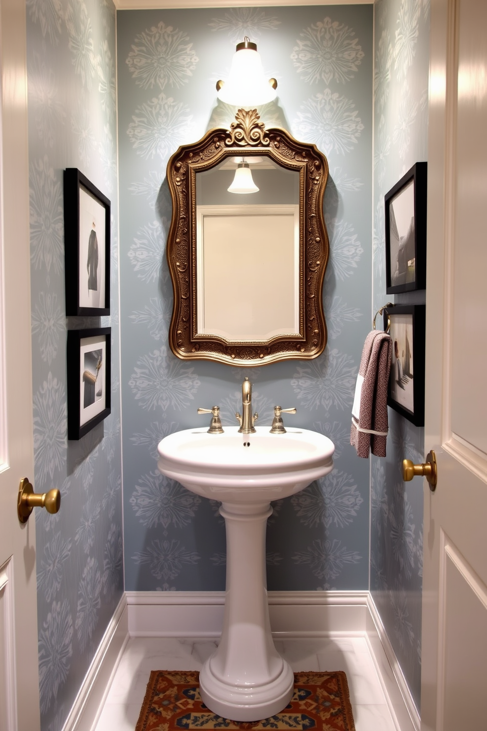 A stylish powder room featuring a monochromatic color scheme with varying shades of gray. The walls are adorned with abstract art pieces that complement the overall aesthetic, creating a sophisticated and cohesive look. The vanity is sleek and modern, finished in a deep charcoal, with a matching mirror that enhances the space. Elegant wall sconces provide soft lighting, casting a warm glow over the carefully curated decor elements.