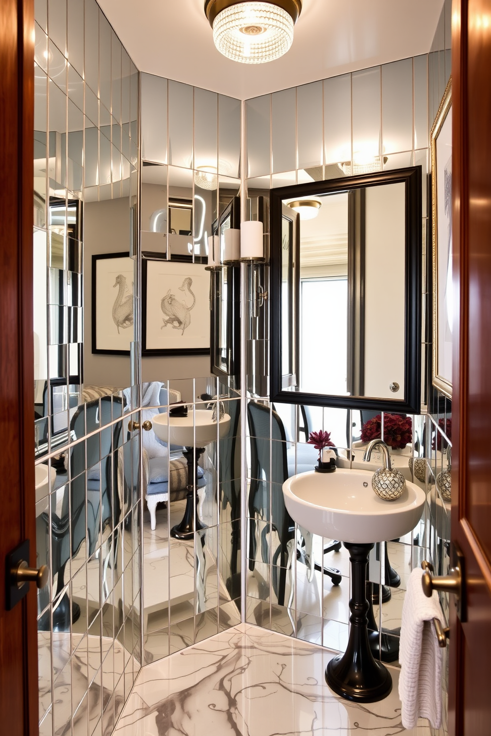 A stylish powder room features a sleek ladder display made of natural wood, elegantly showcasing plush towels and decorative accents. The walls are adorned with framed art pieces and botanical prints, creating a serene and inviting atmosphere.