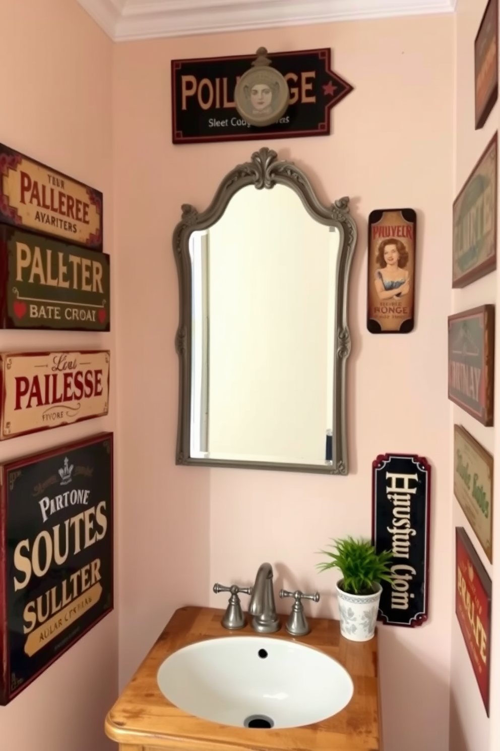 A charming powder room adorned with vintage signs that evoke a sense of nostalgia. The walls are painted in a soft pastel color, creating a warm and inviting atmosphere. The vintage signs feature playful typography and retro graphics, enhancing the room's character. A small, ornate mirror hangs above a rustic wooden sink, complementing the overall vintage theme.