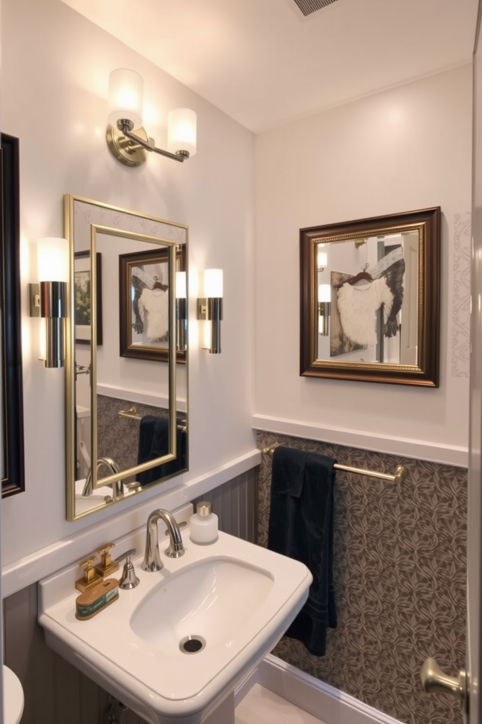 A chic powder room featuring mirrored tiles that create an illusion of spaciousness. The walls are adorned with elegant artwork and decorative accents that enhance the room's sophistication.