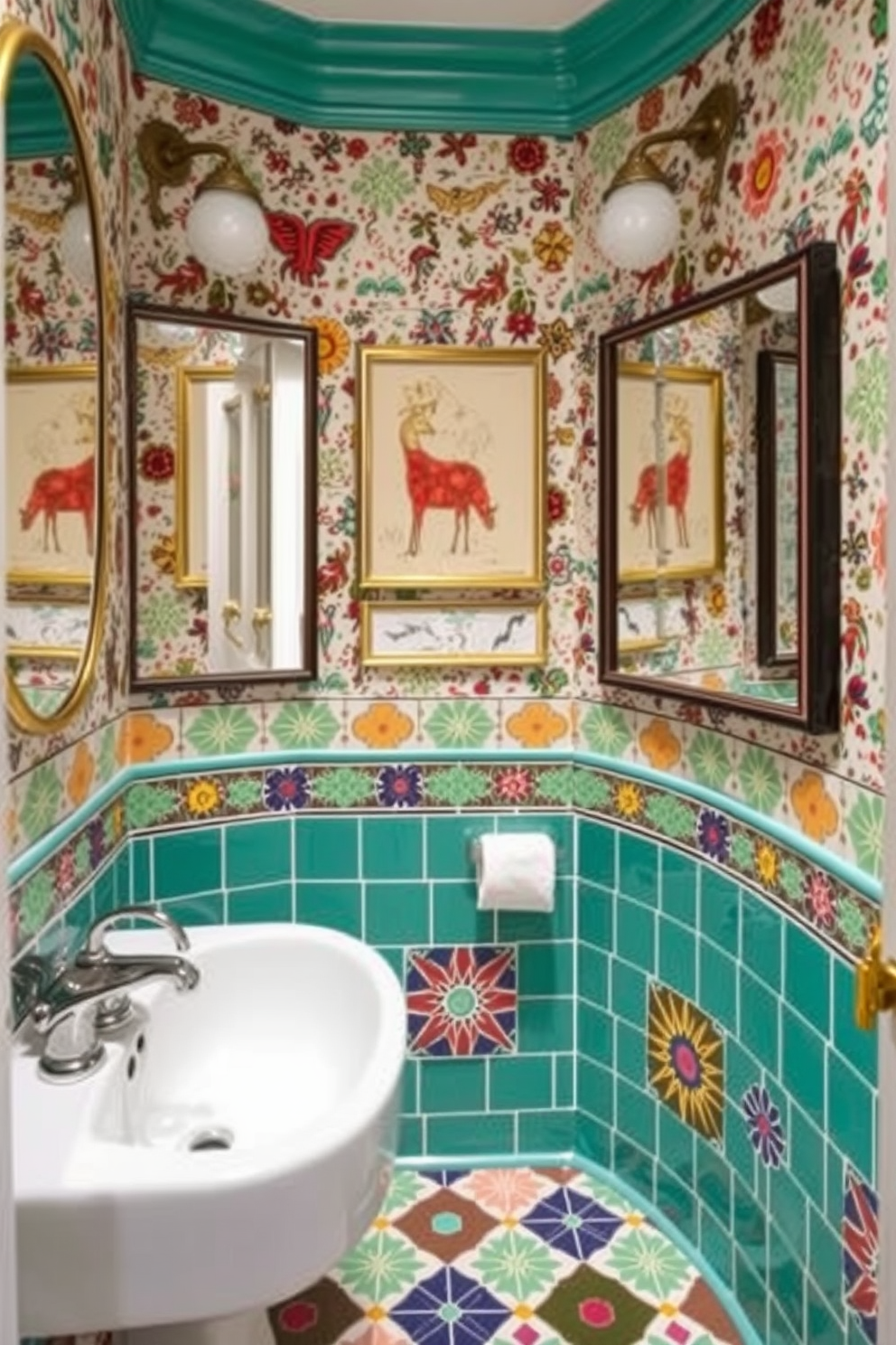 A vibrant powder room featuring colorful patterned tiles that create a playful atmosphere. The walls are adorned with whimsical artwork and framed mirrors that reflect the lively hues of the tiles.