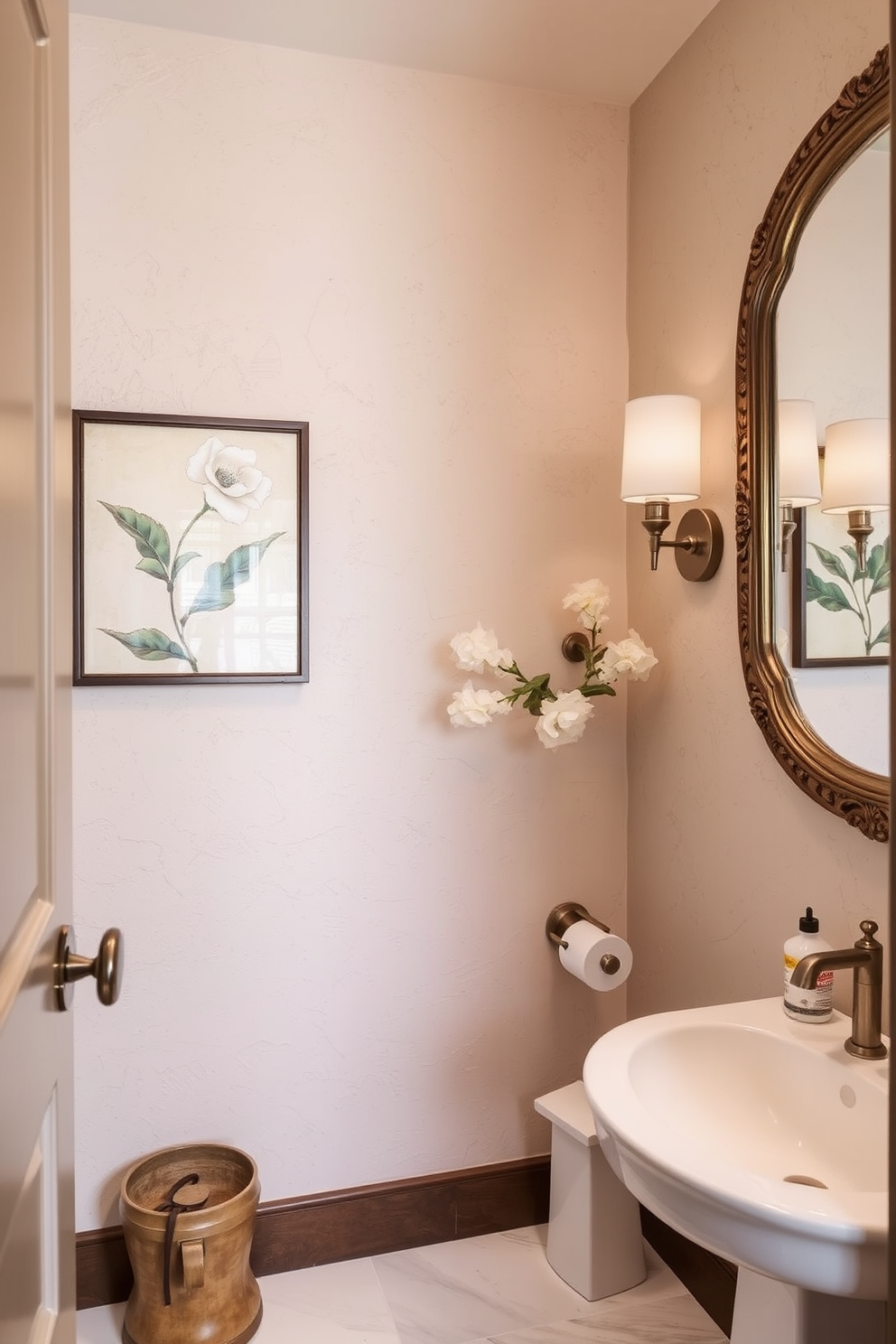 A cozy powder room adorned with seasonal decor that brings freshness to the space. The walls are decorated with soft pastel colors and framed botanical prints that reflect the current season. A stylish floating shelf displays seasonal accents like small pumpkins in autumn or vibrant flowers in spring. A chic mirror with a decorative frame enhances the room's charm while providing a functional touch.