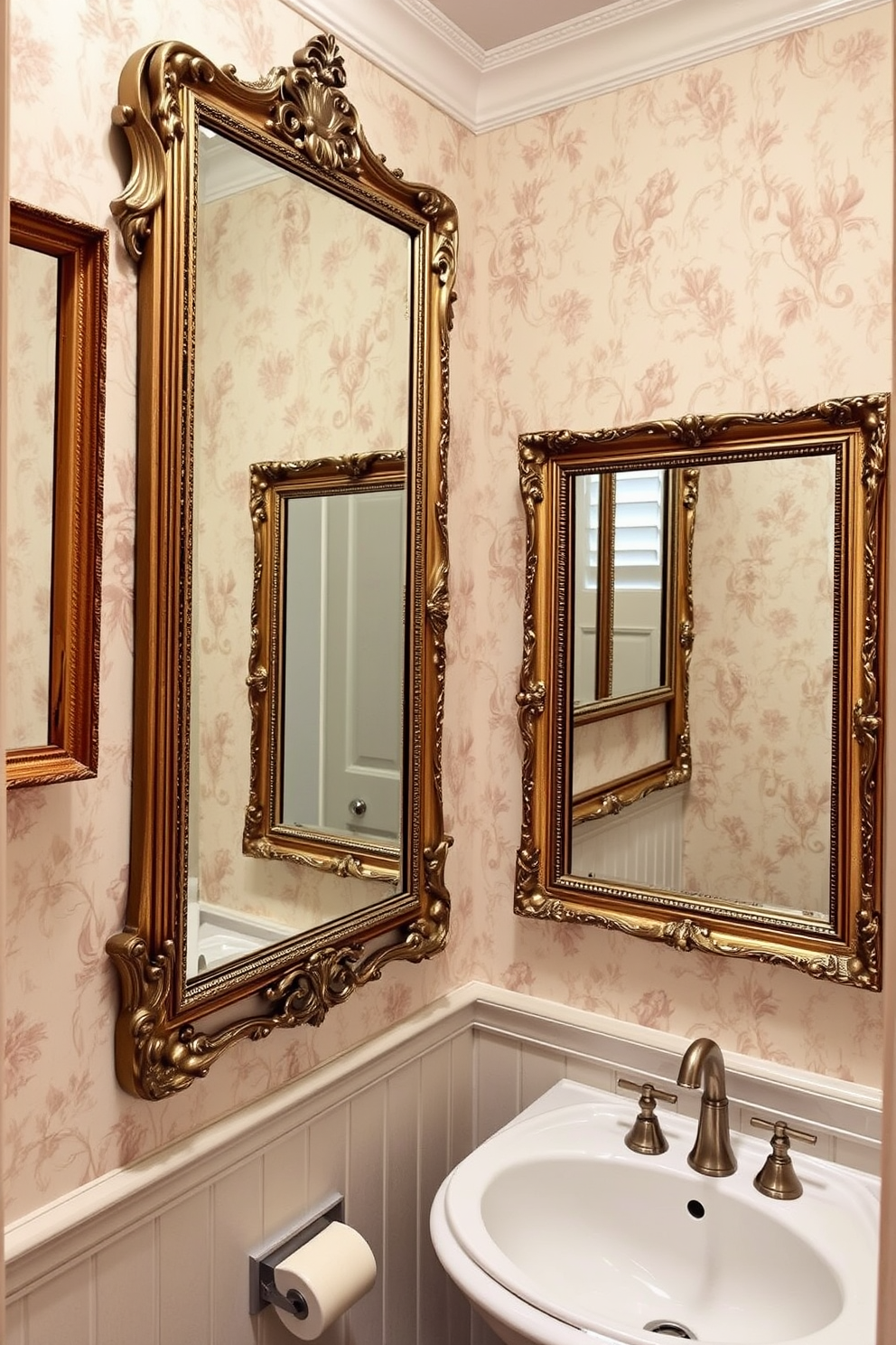 A charming powder room featuring framed vintage mirrors that enhance the sense of elegance. The walls are adorned with delicate wallpaper in soft pastel tones, creating a warm and inviting atmosphere.