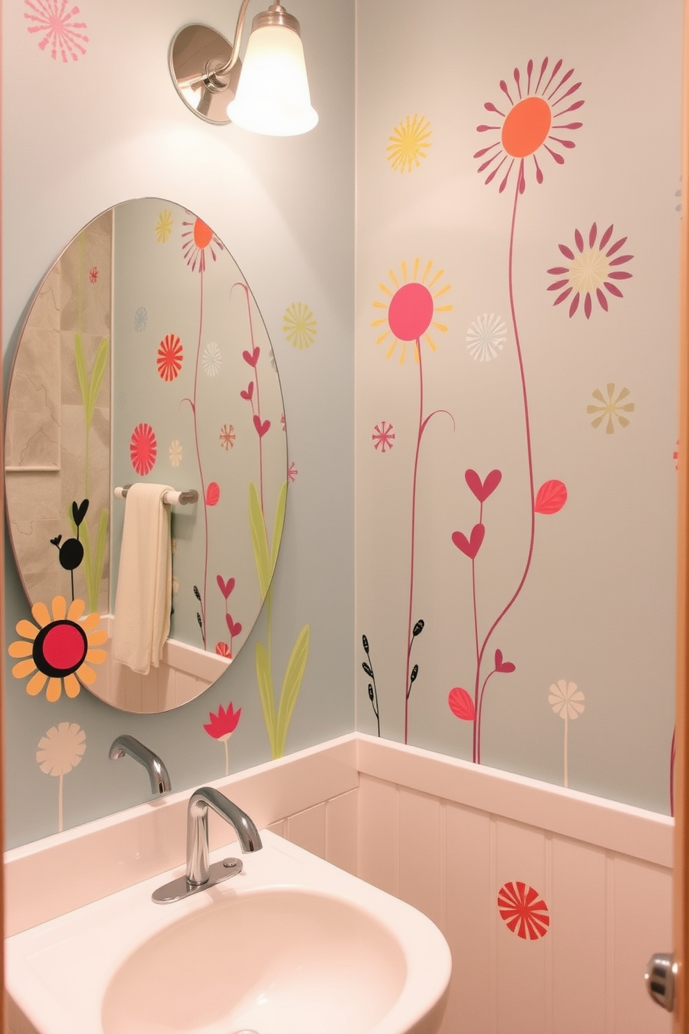 A stylish powder room featuring artisan tiles that create a unique backsplash. The walls are adorned with tasteful wall decor that complements the vibrant colors of the tiles.