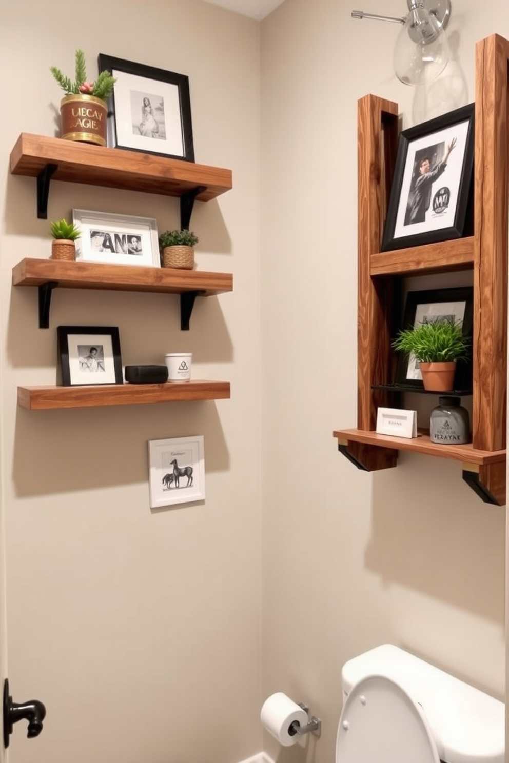 A cozy powder room featuring rustic wood shelves that add charm and warmth to the space. The walls are adorned with tasteful decor items, including framed art and small potted plants, creating an inviting atmosphere.