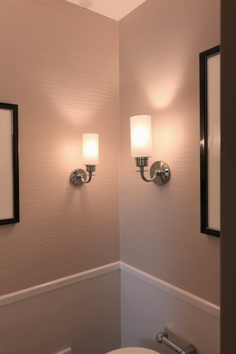 A stylish powder room features elegant sconces mounted on the walls, providing soft ambient lighting that enhances the overall atmosphere. The wall decor includes a combination of textured wallpaper and framed artwork, creating a sophisticated and inviting space.