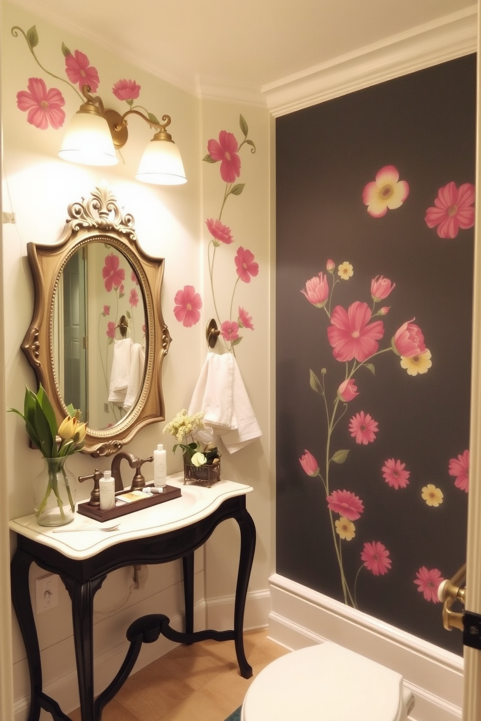 A charming powder room featuring hand-painted floral designs on the walls that add a personalized touch. The decor includes a vintage mirror with an ornate frame and a small console table adorned with decorative items.