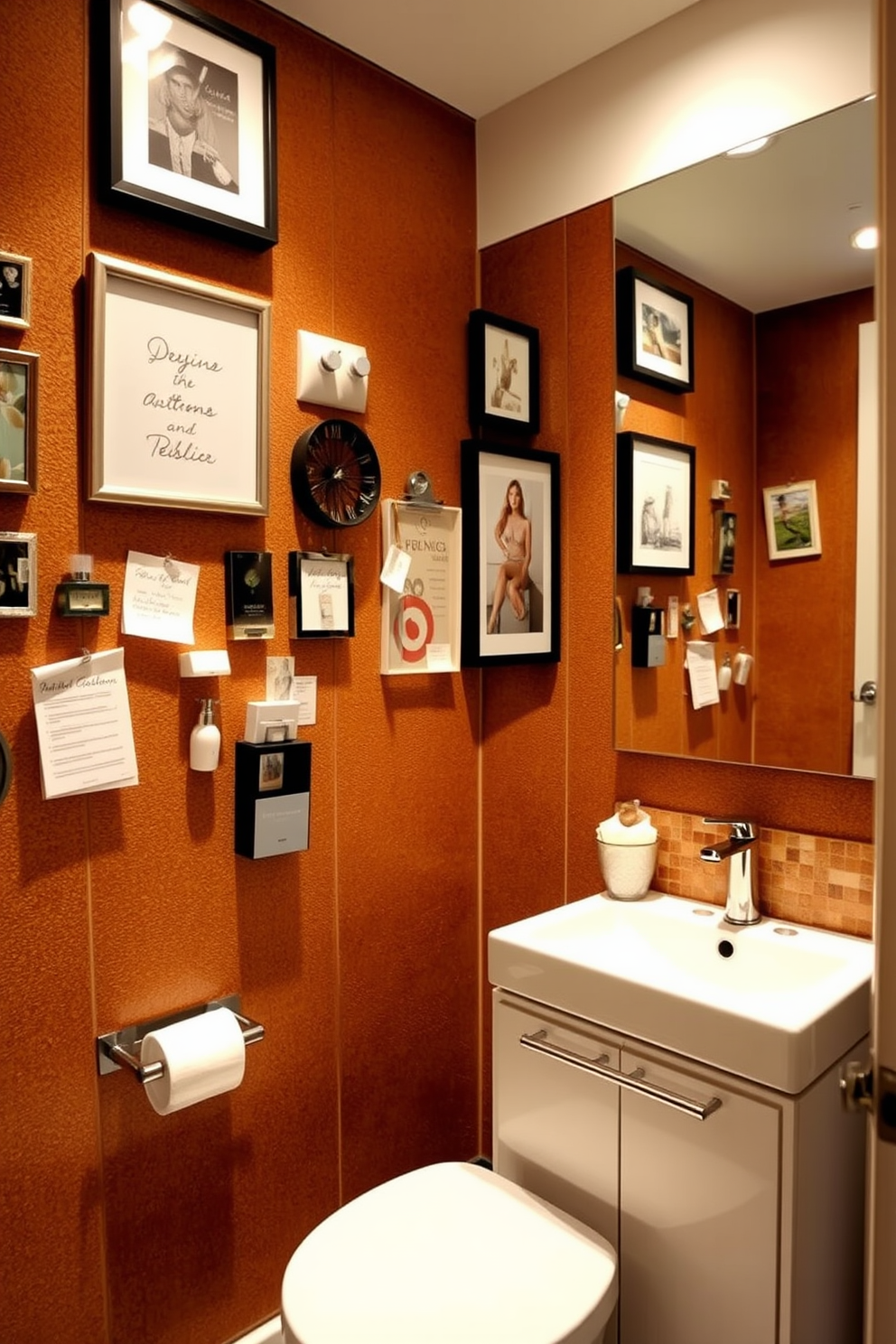 A stylish powder room features a corkboard wall that serves both functionality and aesthetic appeal. The wall is adorned with a mix of decorative items, notes, and framed artwork, creating a personalized touch. The vanity is a sleek design with a modern sink and brushed nickel fixtures. Soft lighting illuminates the space, enhancing the warm tones of the corkboard and complementing the neutral color palette.