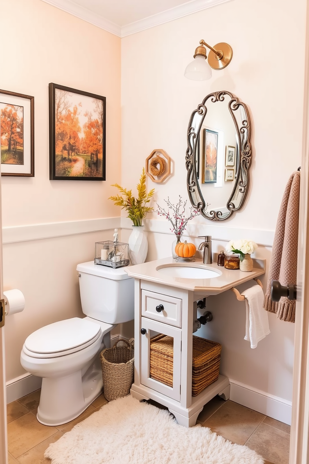 A charming powder room adorned with seasonal decor that reflects the changing aesthetics of each season. The walls feature a soft pastel hue, complemented by seasonal artwork and decorative accents that bring warmth and character. The vanity is styled with seasonal accessories such as a small pumpkin arrangement in autumn and delicate flowers in spring. A stylish mirror with a decorative frame enhances the space, while a plush rug adds comfort underfoot.