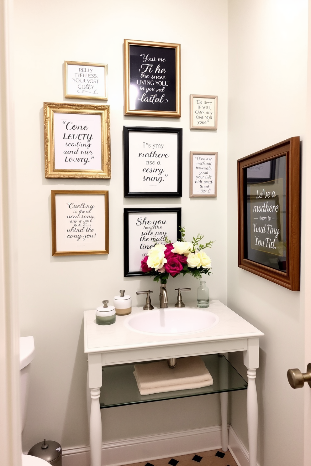 A stylish powder room featuring hanging plants that create a fresh and vibrant atmosphere. The walls are adorned with elegant artwork and decorative shelves that showcase small potted plants.