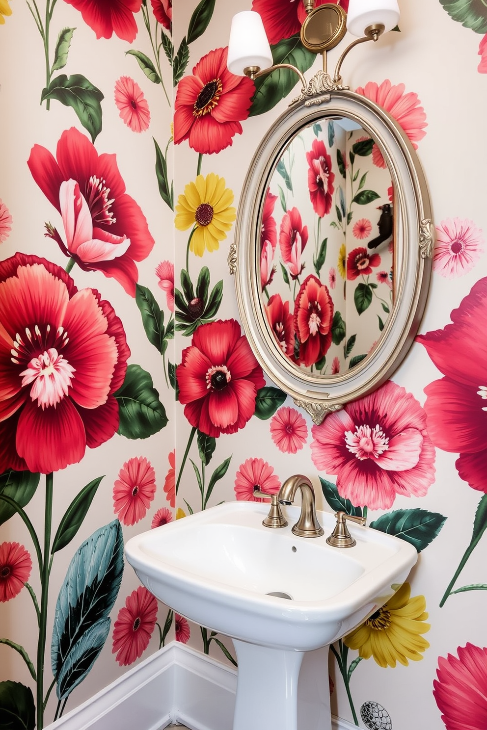 A striking powder room adorned with bold wallpaper featuring large floral prints in vibrant colors. The space is complemented by a sleek pedestal sink and a vintage-style mirror that reflects the captivating patterns of the wallpaper.