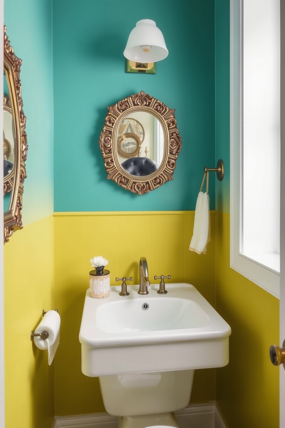 A powder room featuring a bold colored accent wall that creates a vibrant focal point. The decor includes elegant wall art and stylish fixtures that complement the lively color scheme.