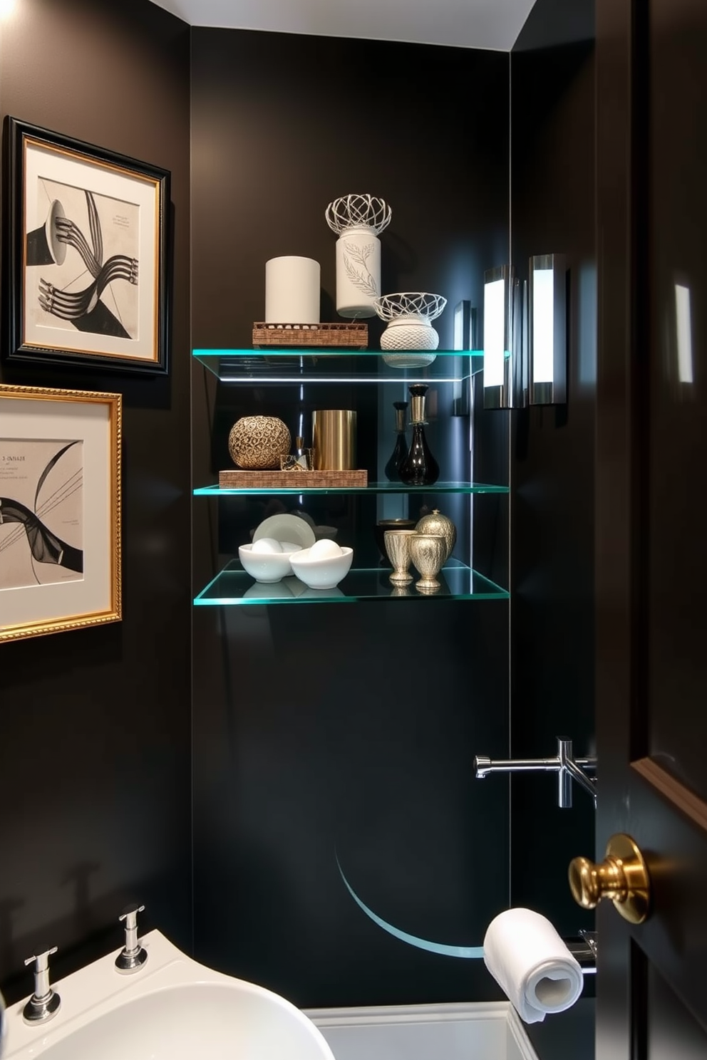 A stylish powder room featuring sleek glass shelves that elegantly display a curated selection of decor items. The walls are adorned with tasteful artwork and decorative mirrors that enhance the room's sophistication.