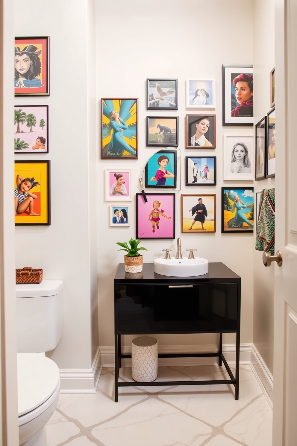 A stylish powder room featuring a gallery wall adorned with a mix of vibrant art prints and personal photographs. The wall is painted in a soft neutral tone, allowing the colors of the artwork to pop and create a lively atmosphere. Incorporate decorative elements like a sleek console table beneath the gallery wall, topped with a small potted plant and a decorative mirror. The floor is finished with elegant tiles that complement the overall aesthetic while adding a touch of sophistication.