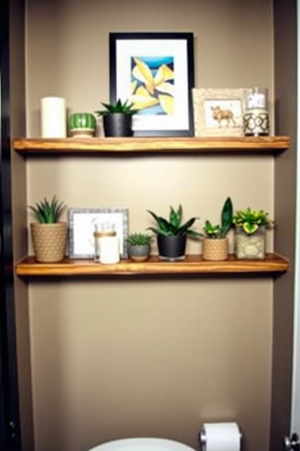 A stylish powder room featuring floating shelves adorned with decorative accents. The shelves are made of reclaimed wood, showcasing an array of plants, candles, and art pieces for a personalized touch. The walls are painted in a soft taupe color, creating a warm and inviting atmosphere. Artwork in coordinating colors is displayed above the shelves, enhancing the overall aesthetic of the space.