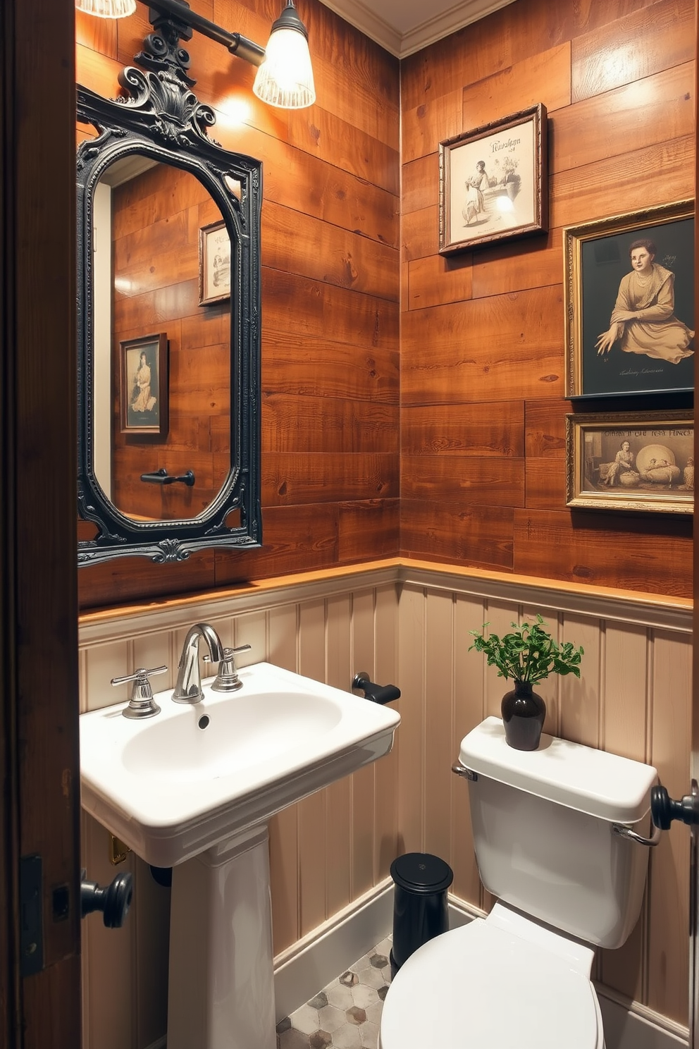 A stylish powder room featuring DIY wall stencils that create unique patterns. The walls are adorned with a combination of geometric and floral designs in soft pastel colors. A sleek pedestal sink is complemented by a vintage-style mirror that adds character to the space. The floor is covered with elegant mosaic tiles that enhance the overall aesthetic of the room.