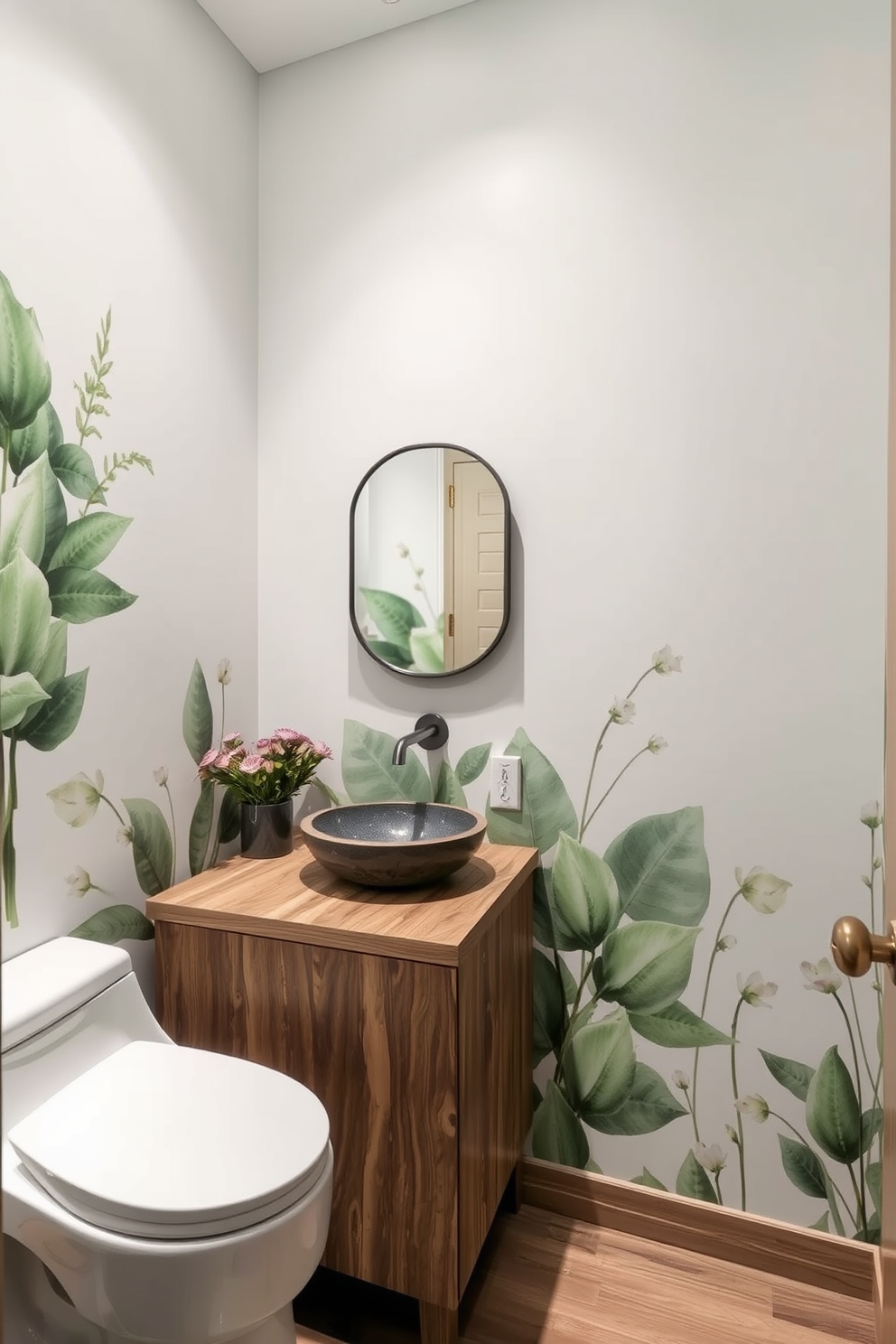 A serene powder room featuring nature-inspired murals that evoke tranquility. The walls are adorned with soft, watercolor-style depictions of lush greenery and gentle floral patterns, creating a calming atmosphere. A minimalist wooden vanity complements the murals, topped with a smooth stone sink. Accents of natural wood and subtle earth tones enhance the peaceful ambiance, while strategically placed lighting highlights the artwork.