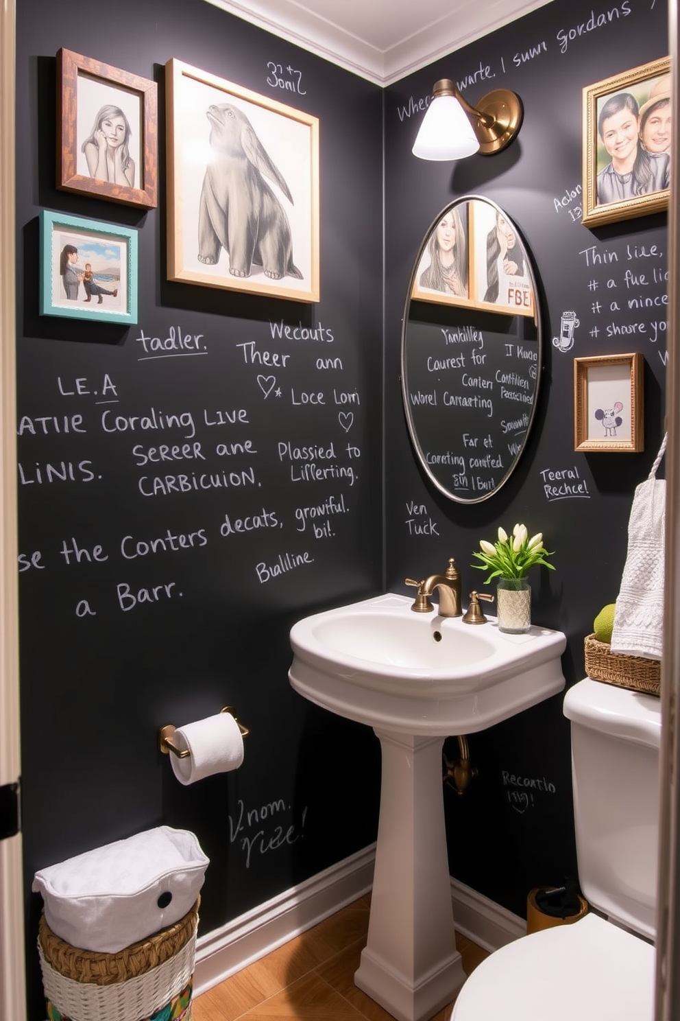 A chic powder room features walls coated in chalkboard paint, allowing for creative expressions and messages. The space is adorned with playful wall decor, including framed artwork and whimsical accessories that enhance the interactive design.