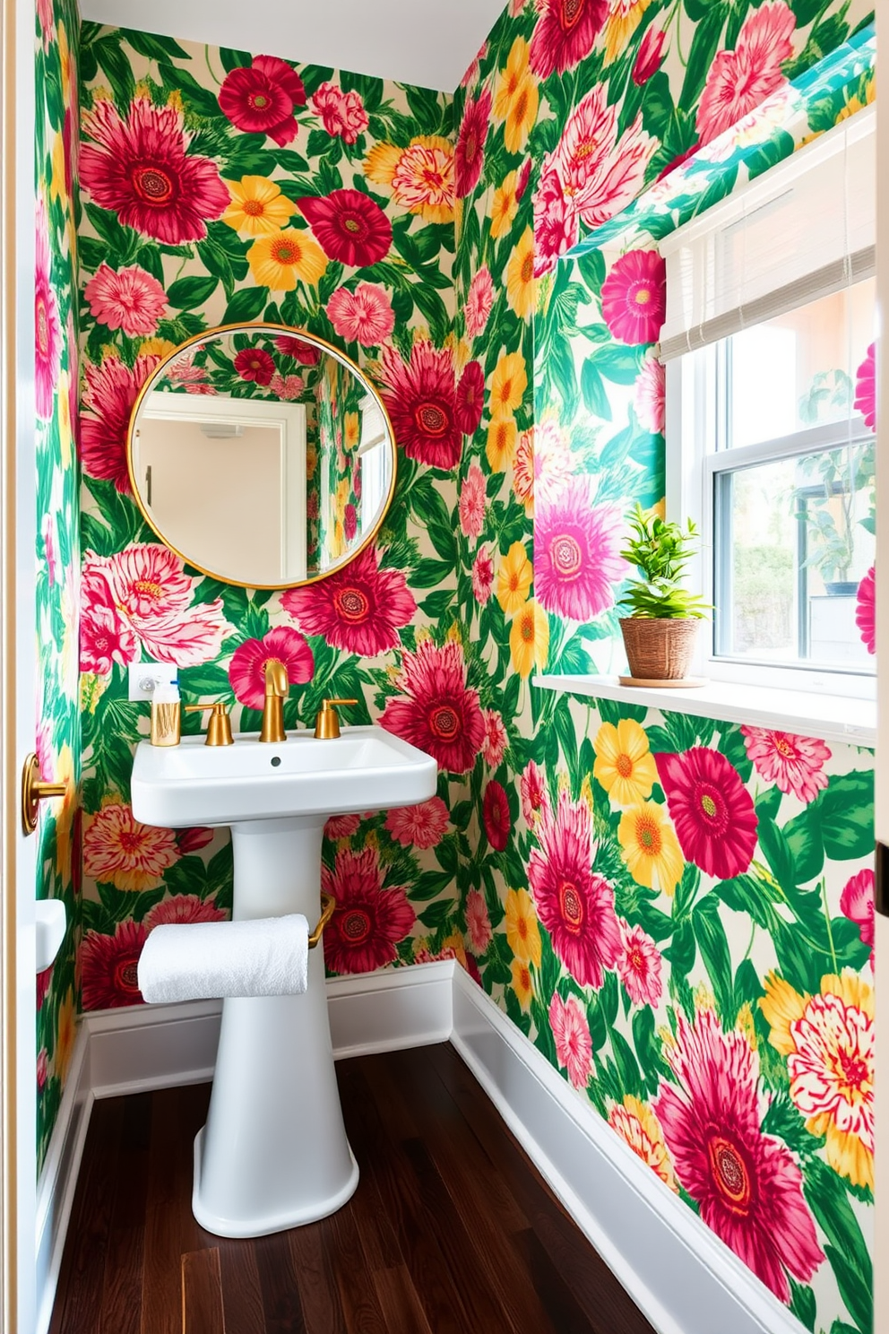 A vibrant powder room featuring bold floral wallpaper that creates a lively atmosphere. The space includes a sleek pedestal sink with gold fixtures and a round mirror that complements the floral design. The floor is adorned with dark wood planks that contrast beautifully with the bright wallpaper. A small potted plant sits on the windowsill, adding a touch of greenery to the vibrant setting.