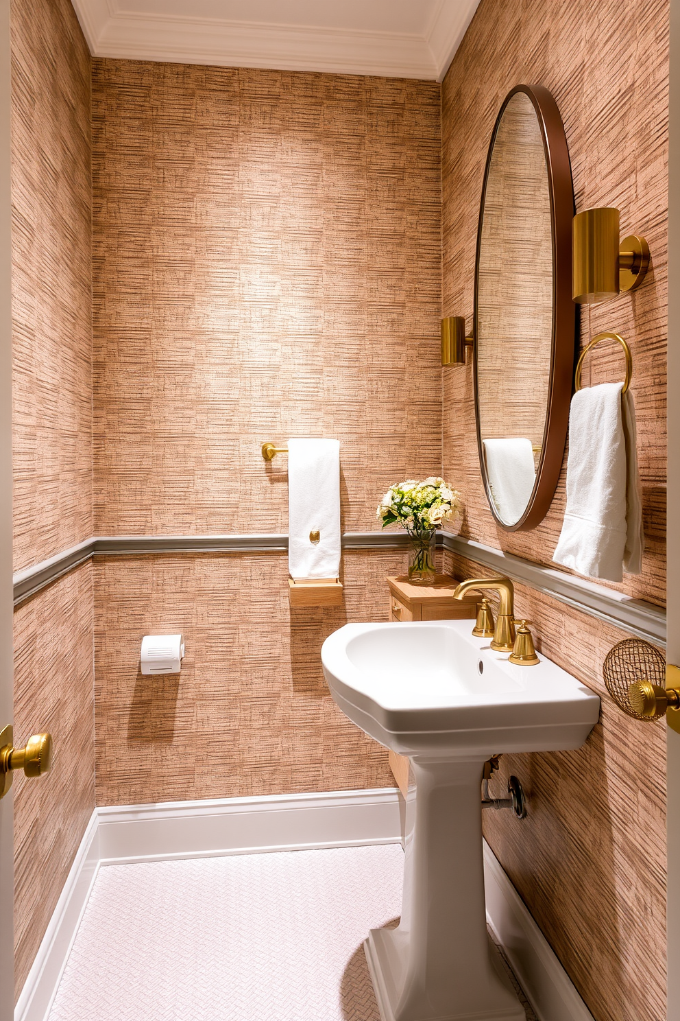 A stylish powder room adorned with textured wallpapers that add depth and character to the space. The walls feature a sophisticated pattern in soft hues, creating a warm and inviting atmosphere.