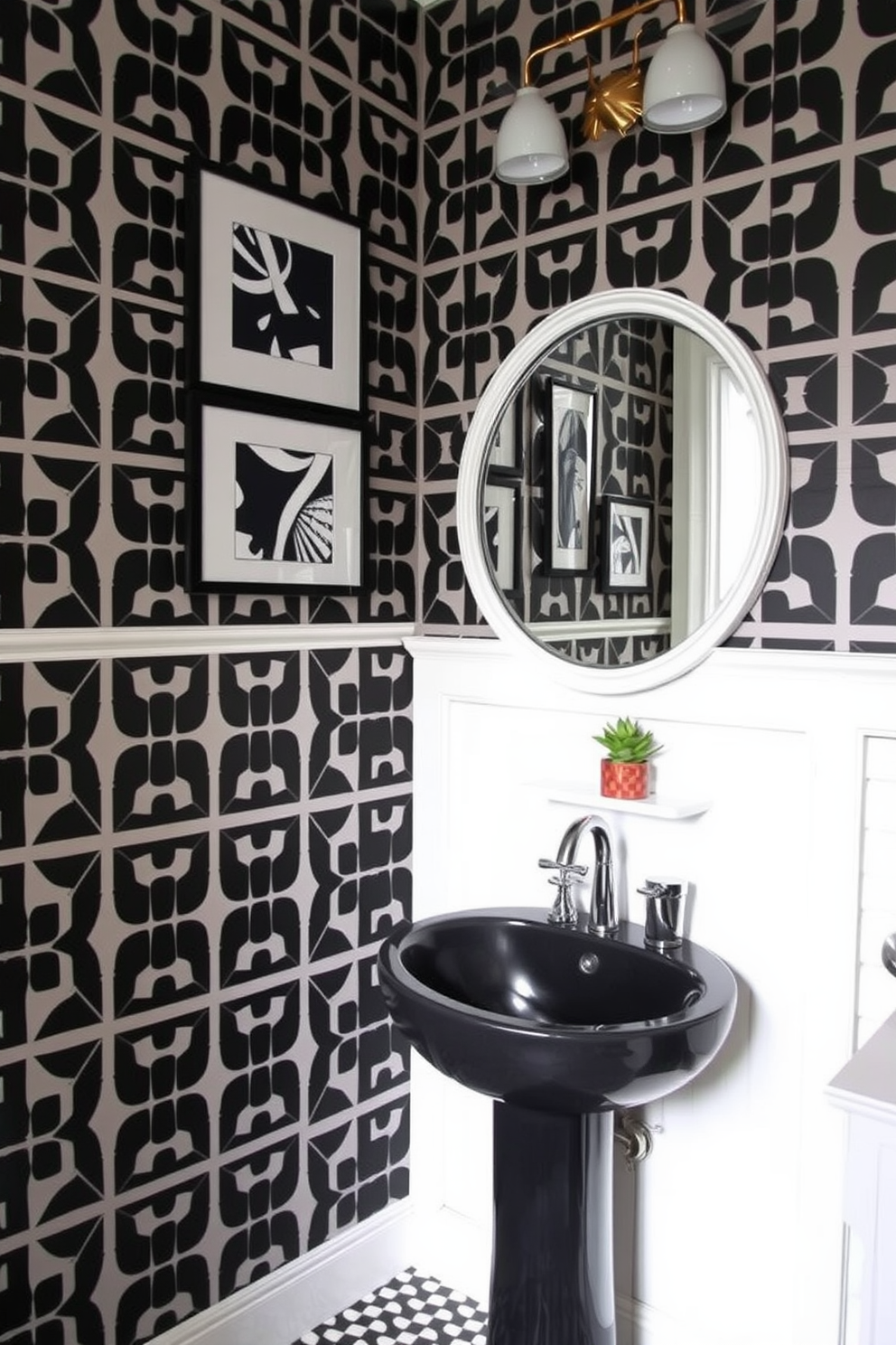 A stylish powder room featuring black and white wallpaper with geometric patterns that create a striking visual effect. The space includes a sleek black pedestal sink and a round mirror framed in white, enhancing the chic contrast of the design. The walls are adorned with bold black and white art pieces that complement the wallpaper while adding personality to the room. A small potted plant sits on a white shelf, bringing a touch of greenery to the monochromatic space.