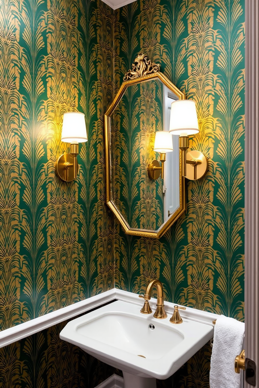 A stunning powder room featuring art deco patterns that exude luxury and sophistication. The wallpaper showcases intricate geometric designs in rich gold and deep emerald tones, creating a striking focal point. The space is adorned with a sleek pedestal sink and a vintage-style mirror framed in gold. Elegant sconces on either side of the mirror provide warm, ambient lighting, enhancing the opulent atmosphere.