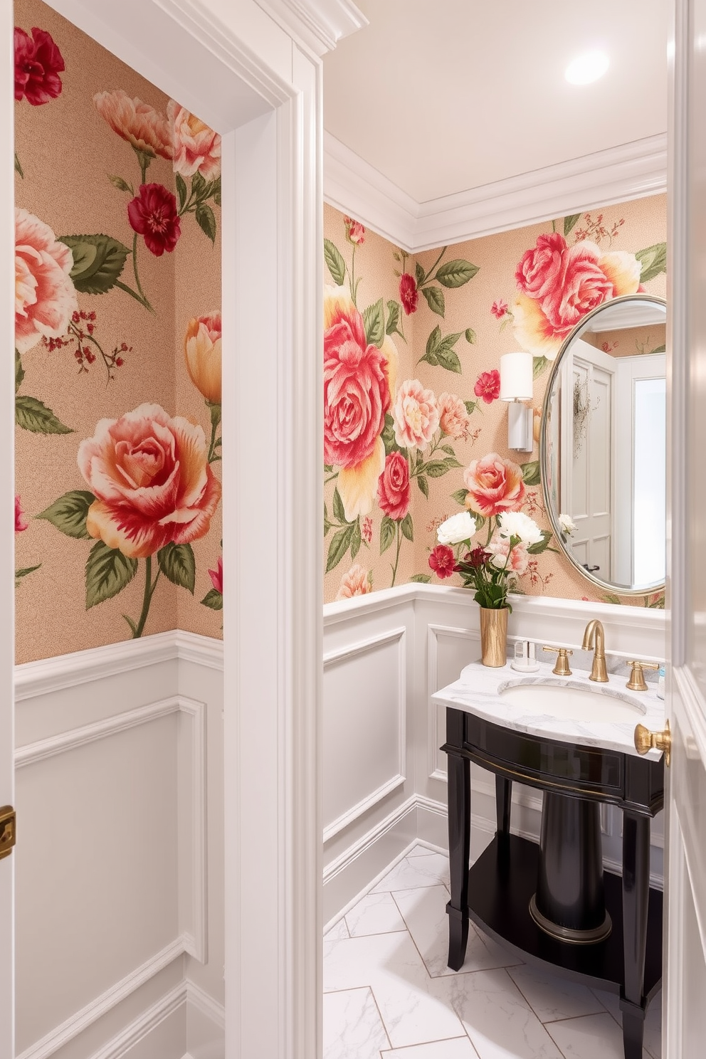 A stunning powder room featuring a statement wall adorned with mural wallpaper. The design showcases a vibrant floral pattern that adds depth and character to the space. The remaining walls are painted in a soft, complementary hue to enhance the mural's visual impact. Elegant fixtures and a chic vanity complete the luxurious atmosphere of the powder room.